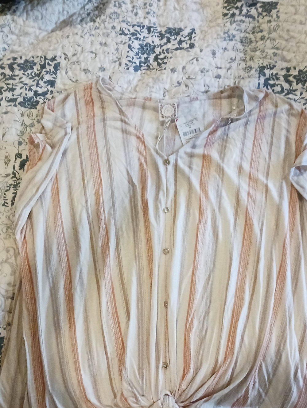 Striped Tie-Hem Button-Front Women’s Blouse in Cream and Rust